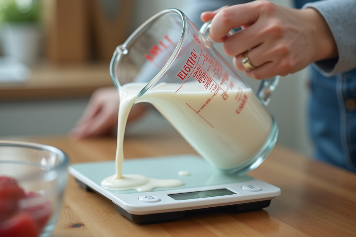 Personne versant du lait sur une balance numérique