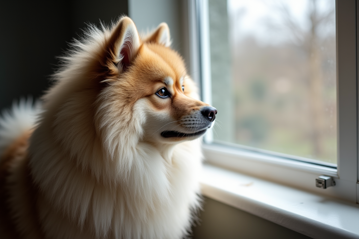 Portrait de Wolfspitz à la fenêtre avec lumière douce naturelle