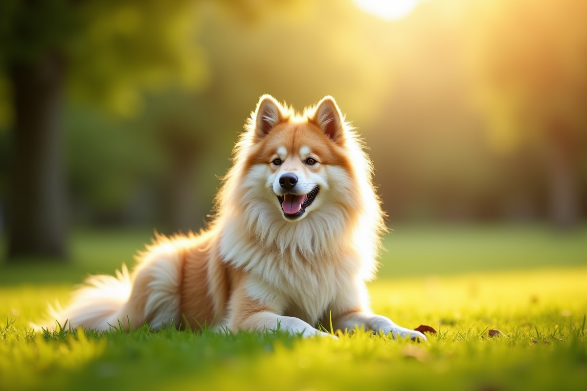 Chien Wolfspitz assis dans un parc ensoleille avec fond flou vert