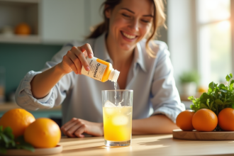 Femme versant une vitamine C liposomale dans un verre d'eau lumineux